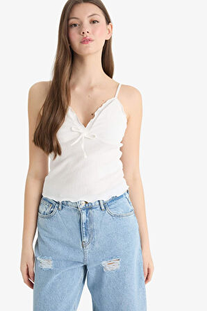 DeFacto Loose Fit V Yaka Beyaz Askılı Bluz F1914AX25SMWT32