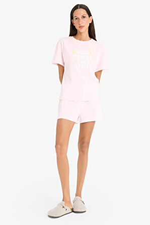 Pijama Takımı Kısa Kollu Pijama Üstü Esnek Belli Şort Pijama Altı-Fall in Love