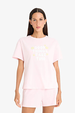 Pijama Takımı Kısa Kollu Pijama Üstü Esnek Belli Şort Pijama Altı-Fall in Love