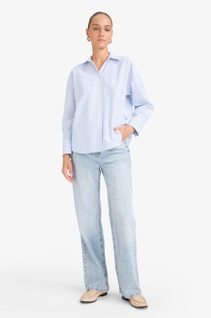Oversize Geniş Kalıp Gömlek Yaka Çizgili Oxford Uzun Kollu Gömlek