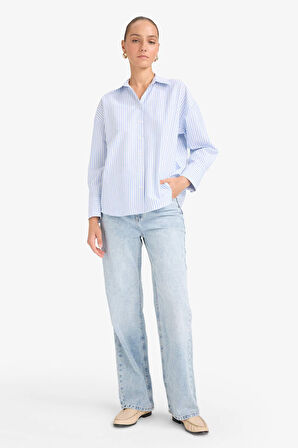 Oversize Geniş Kalıp Gömlek Yaka Çizgili Oxford Uzun Kollu Gömlek