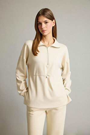 Polo Yaka Beli Lastikli Yarım Fermuarlı Modal Sweatshirt