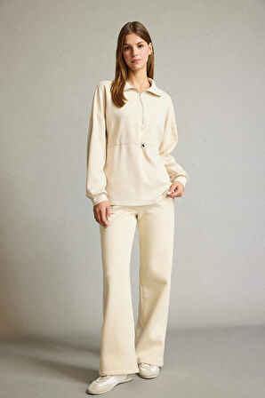 Polo Yaka Beli Lastikli Yarım Fermuarlı Modal Sweatshirt