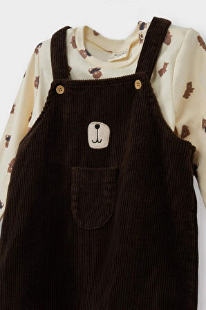 Erkek Bebek 2'li Takım Ayı Baskılı Uzun Kollu Tişört Kadife Salopet Tulum 