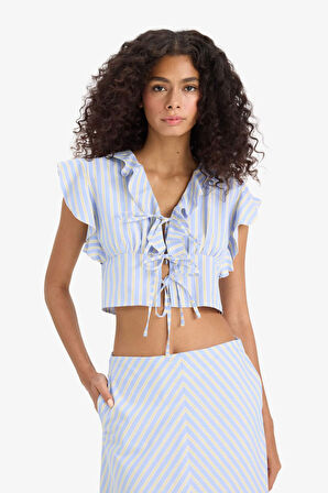 Slim Fit Dar Kesim V Yaka Çizgili Önden Bağlamalı Poplin Kolsuz Bluz