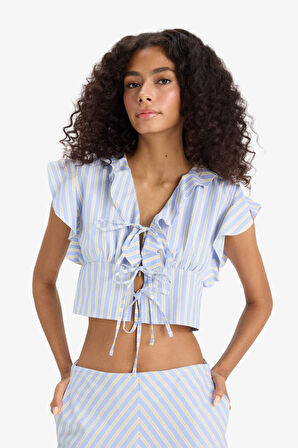 Slim Fit Dar Kesim V Yaka Çizgili Önden Bağlamalı Poplin Kolsuz Bluz