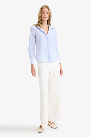 Fitted Çizgili Poplin Uzun Kollu Gömlek