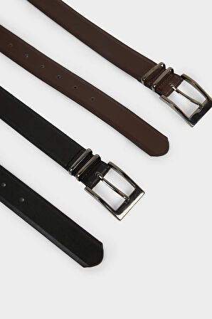 Erkek Dikdörtgen Toka Suni Deri 2'li Klasik Kemer