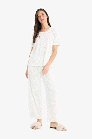 Regular Fit Pijama Takım Kısa Kollu Pijama Üstü Esnek Belli Uzun Pijama Altı-Fall in Love