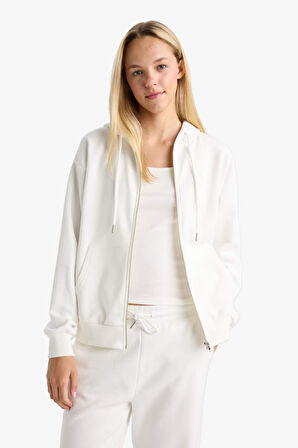 Relax Fit Kapüşonlu Basic Düz Kalın Fermuarlı Sweatshirt