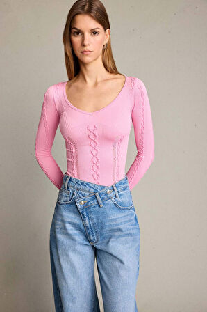 Fitted V Yaka Uzun Kollu Tişört