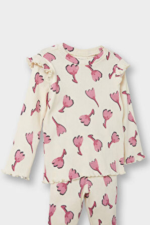 Kız Bebek 2'li Takım Çiçekli Fitilli Kaşkorse Sweatshirt İspanyol Paça Tayt