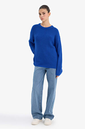 Regular Fit Bisiklet Yaka Selanik Kumaş Basic Düz Triko Kazak