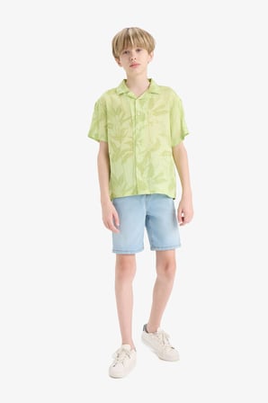 DeFacto Oversize Geniş Kalıp Polo Yaka Desenli Viskon Kısa Kollu Gömlek Erkek Çocuk F5673A825HSGN404