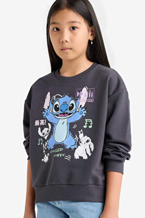 Kız Çocuk Disney Lilo & Stitch Relax Fit Bisiklet Yaka Sweatshirt