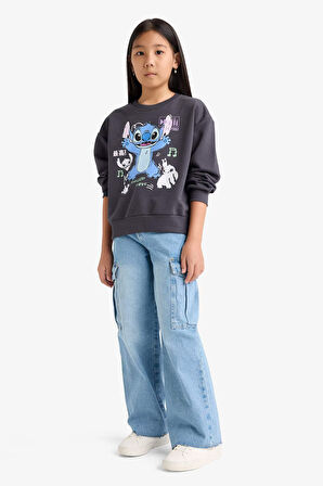 Kız Çocuk Disney Lilo & Stitch Relax Fit Bisiklet Yaka Sweatshirt
