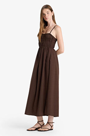 Keten Görünümlü Askılı Maxi Elbise