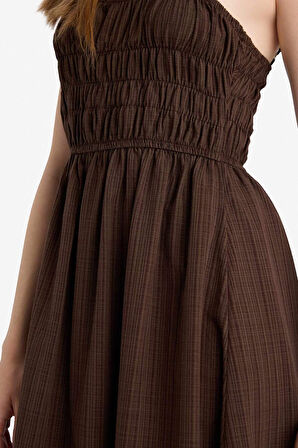 Keten Görünümlü Askılı Maxi Elbise