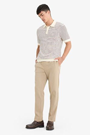 Standart Fit Polo Yaka Triko Çizgili Kısa Kollu Tişört