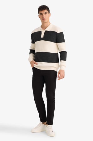 DeFacto Standart Fit Polo Yaka Çizgili Triko Kazak D3590AX25WNER139