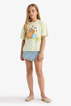 Kız Çocuk Relax Fit Bisiklet Yaka Baskılı Kısa Kollu Tişört