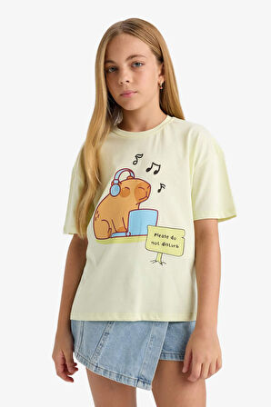 Kız Çocuk Relax Fit Bisiklet Yaka Baskılı Kısa Kollu Tişört