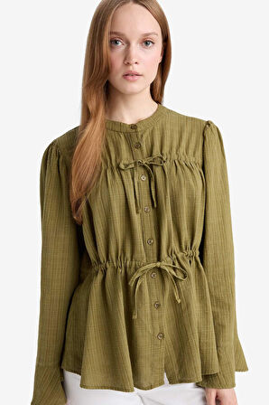 Regular Fit Bisiklet Yaka Flamlı Pamuk Uzun Kollu Tunik