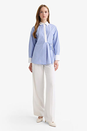 Regular Fit Gömlek Yaka Çizgili Poplin Uzun Kollu Tunik