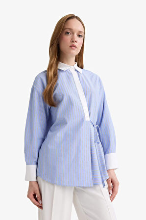 Regular Fit Gömlek Yaka Çizgili Poplin Uzun Kollu Tunik