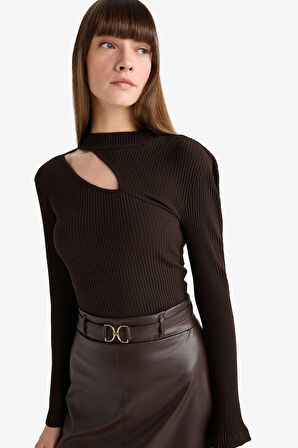 Slim Fit Dar Kesim Bisiklet Yaka Fitilli Kaşkorse Uzun Kollu Tişört