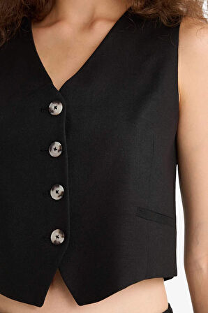 V Yaka Keten Karışımlı Blazer Yelek