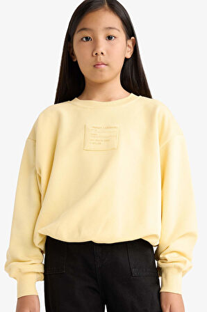 Kız Çocuk Oversize Geniş Kalıp Bisiklet Yaka Baskılı Sweatshirt
