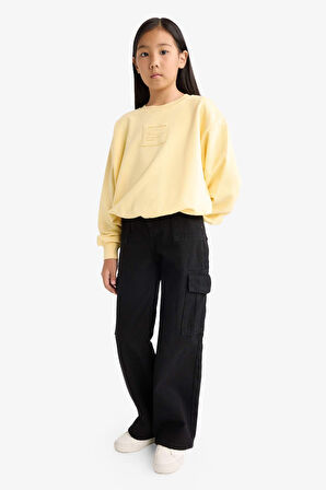 Kız Çocuk Oversize Geniş Kalıp Bisiklet Yaka Baskılı Sweatshirt
