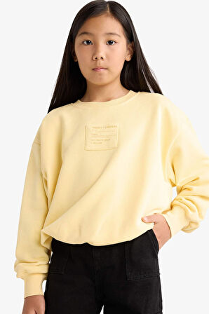 Kız Çocuk Oversize Geniş Kalıp Bisiklet Yaka Baskılı Sweatshirt