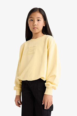 Kız Çocuk Oversize Geniş Kalıp Bisiklet Yaka Baskılı Sweatshirt