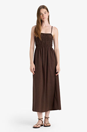 Keten Görünümlü Askılı Maxi Elbise