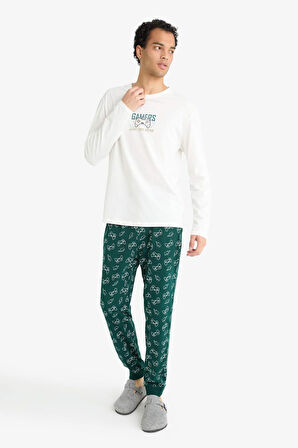 Pijama Takımı Regular Fit Baskılı Uzun Kolllu Üst Desenli Uzun Alt