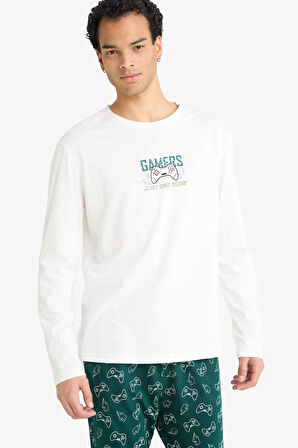 Pijama Takımı Regular Fit Baskılı Uzun Kolllu Üst Desenli Uzun Alt