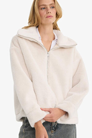 Regular Fit Fermuarlı Suni Kürk Mont