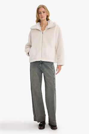 Regular Fit Fermuarlı Suni Kürk Mont