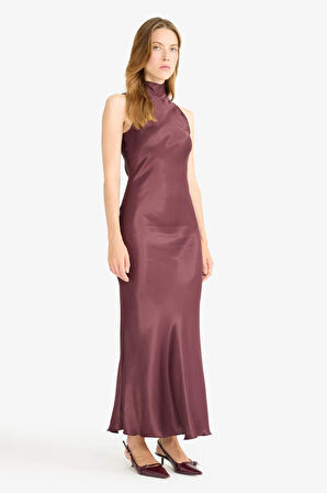 Regular Fit Saten Kolsuz Maxi Elbise