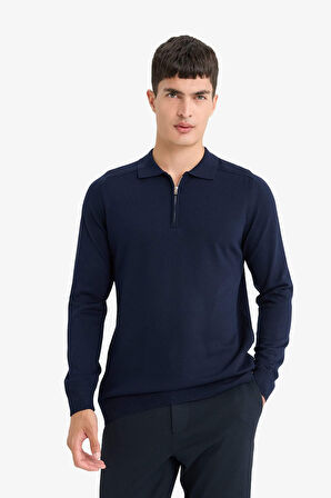 Standart Fit Polo Yaka Yarım Fermuarlı Premium Triko Kazak