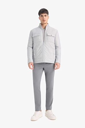 Slim Fit Dar Kesim Dik Yaka Astarlı Fermuarlı Cepli Kışlık Şişme Penye Mont