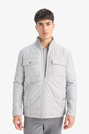 Slim Fit Dar Kesim Dik Yaka Astarlı Fermuarlı Cepli Kışlık Şişme Penye Mont