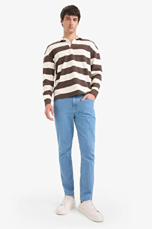 Boxy Fit Polo Yaka Çizgili Waffle Sweatshirt