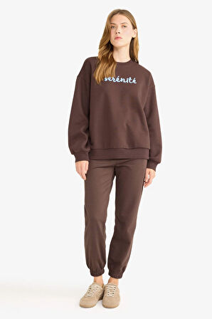 Oversize Geniş Kalıp Bisiklet Yaka Slogan Baskılı Kalın Sweatshirt Kumaşı Sweatshirt