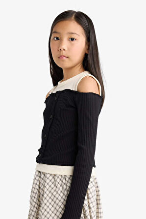 Kız Çocuk Slim Fit Dar Kesim Omzu Açık Fitilli Kaşkorse Uzun Kollu Tişört 