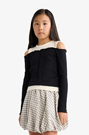 Kız Çocuk Slim Fit Dar Kesim Omzu Açık Fitilli Kaşkorse Uzun Kollu Tişört 