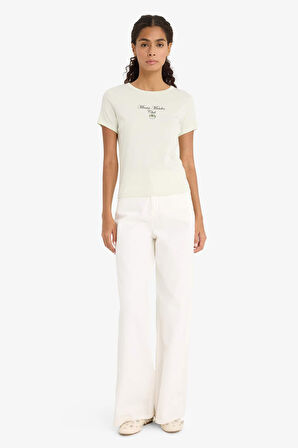 Regular Fit Bisiklet Yaka Baskılı Ribana Kısa Kollu Tişört