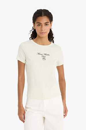 Regular Fit Bisiklet Yaka Baskılı Ribana Kısa Kollu Tişört